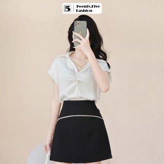 Áo sơ mi nữ Twentyfive công sở vai chờm ngắn xoắn ngực vải lụa mềm 4889 (không kèm choker)