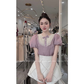 ÁO sơ mi đũi cộc tay 2 lớp thiết kế nơ phối cúc ngọc siêu xinh_mã 23202