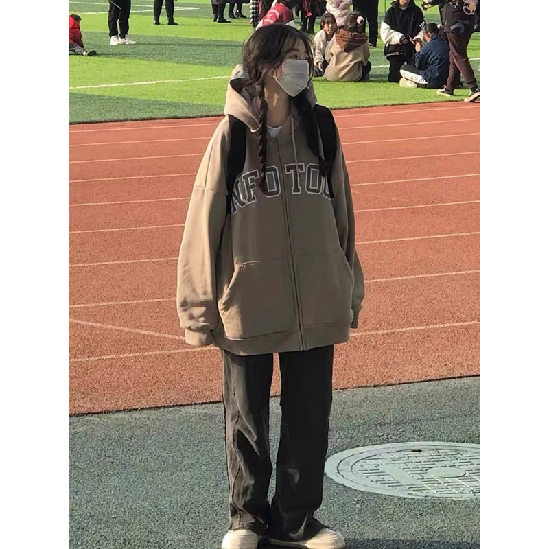 Áo Khoác Hoodie Zip NFOTOG màu Nâu Rêu,  Áo Khoác Nỉ Dây Kéo chất nỉ bông siêu dày Form rộng unsiex tay bồng