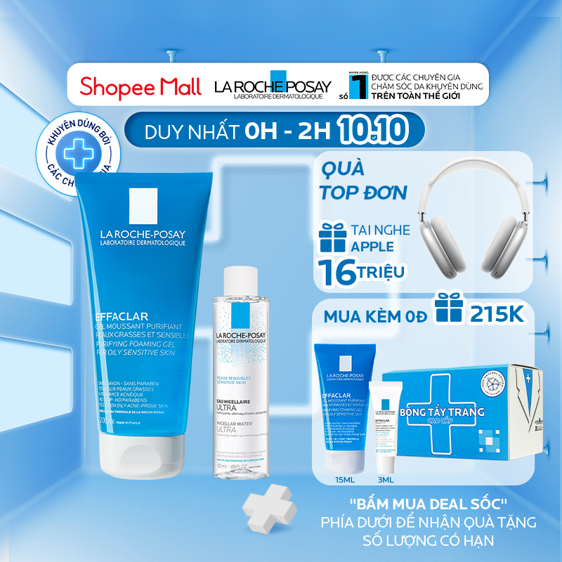 Bộ sữa rửa mặt cho da dầu nhạy cảm La Roche-Posay Effaclar Gel 200ml & Nước tẩy trang Micellar Water 50ml