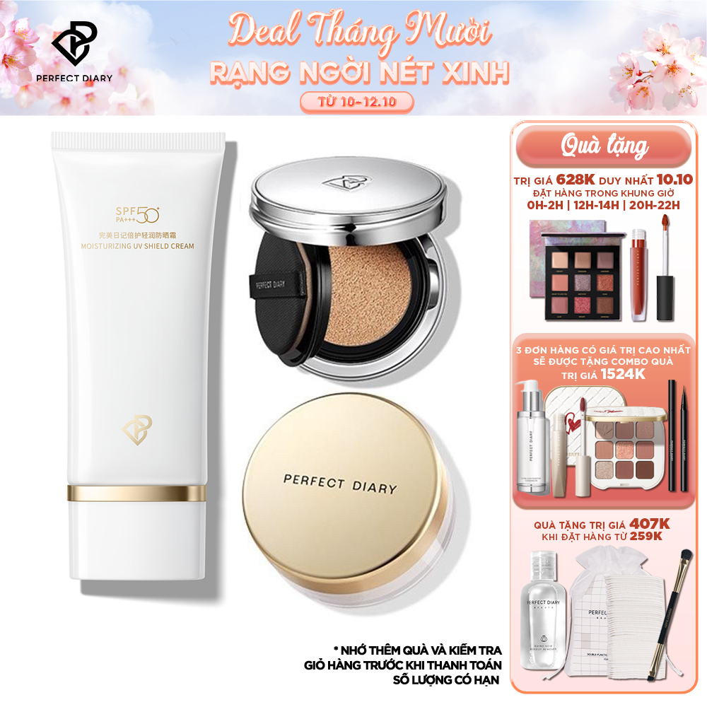 Bộ Trang Điểm Mặt Perfect Diary Gồm Kem Chống Nắng UV PA + + + 60ml, Phấn Nước, Phấn Phủ Kiềm Dầu