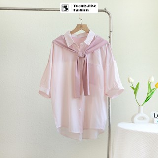 Áo sơ mi nữ Twentyfive dáng rộng ngắn tay họa tiết kẻ cổ thủy thủ thắt khăn choàng 4682M