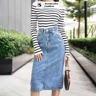 Chân váy jeans nữ Twentyfive dáng dài cạp lệch xẻ sau lưng cao tôn dáng 4092