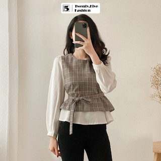 Áo sơ mi kiểu nữ công sở cổ tròn phối tay tùng dưới dây thắt eo Twentyfive N192