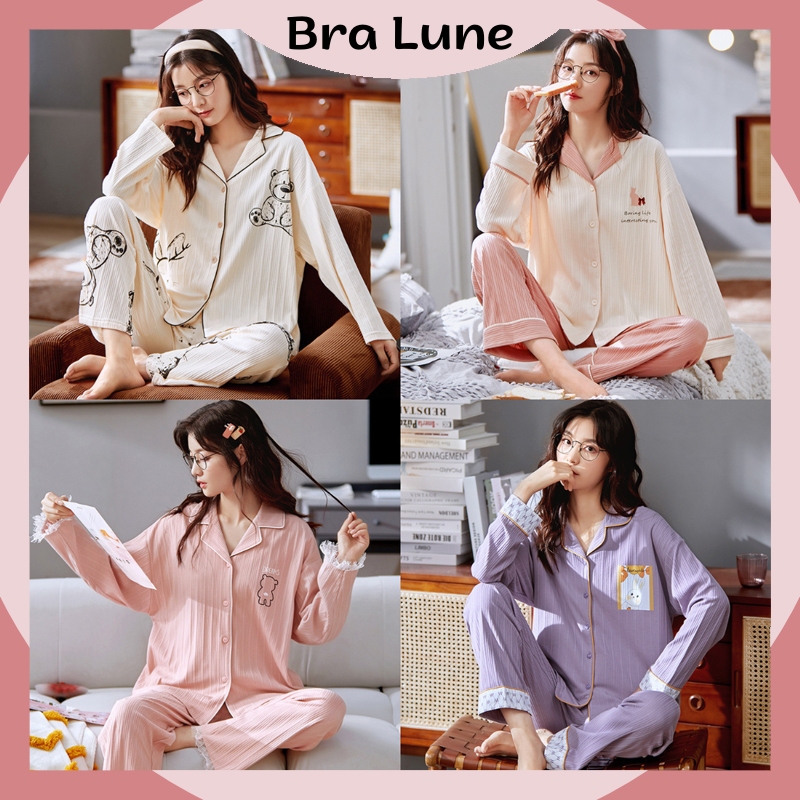 Bộ Đồ Ngủ Nữ Cotton Họa Tiết Đơn Giản Dễ Thương BRALUNE, Đồ Ngủ Nữ Pijama Dài Tay Khuy Cài Thoáng Khí