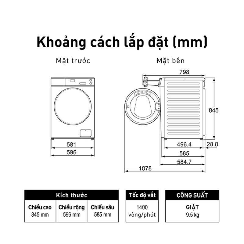 [CHỈ GIAO MIỀN BẮC] Máy Giặt Cửa Trước Panasonic 9,5 Kg NA-V95FC1WVT - Sấy Diệt khuẩn 99% - Cảm Biến Thông Minh