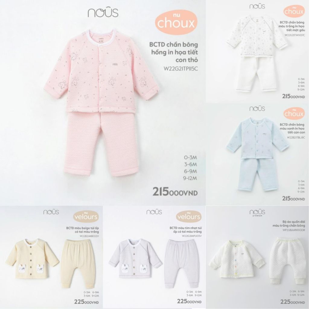 NOUS Bộ quần áo dài thu đông chần bông cho bé 0M-9M