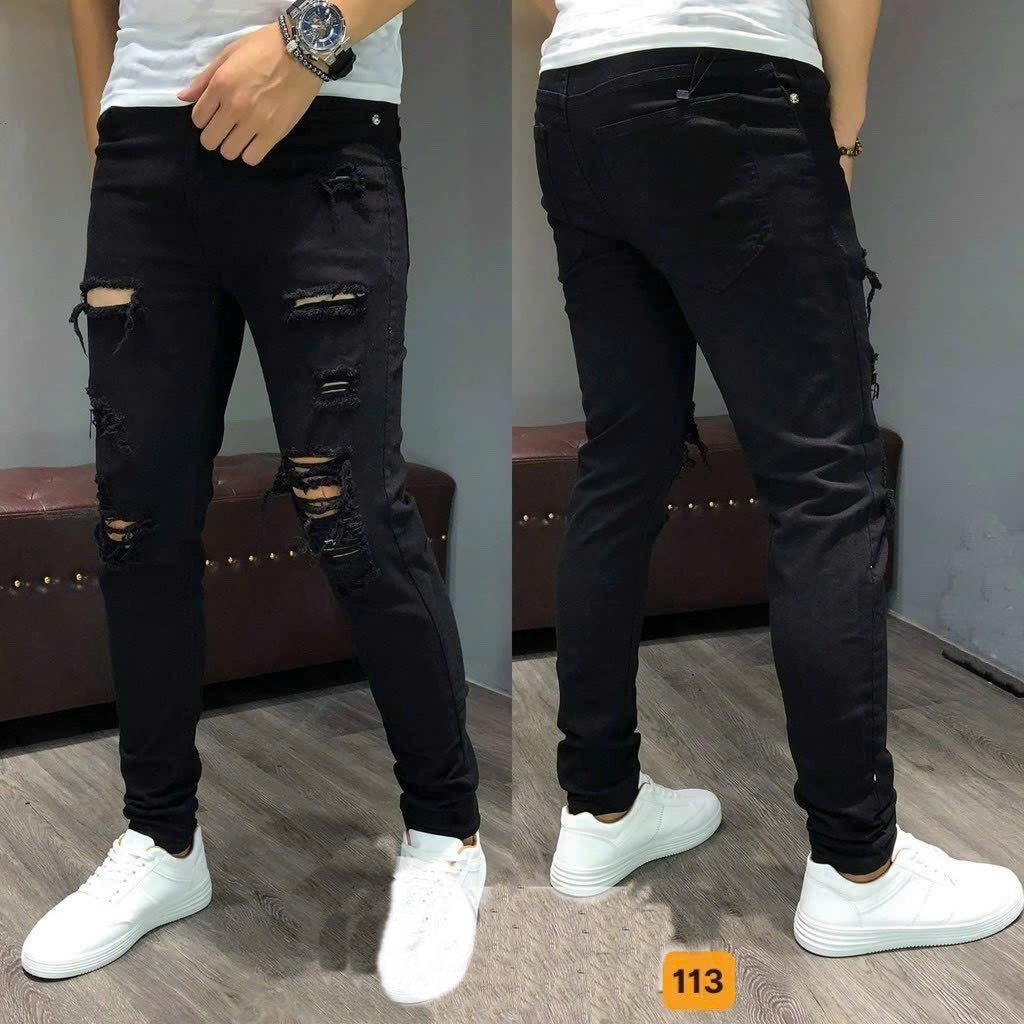 Quần Jean Nam Chất Bò Màu đen Rách Gối DR113RT Ống Côn Cá Tính Trẻ Trung DRMT