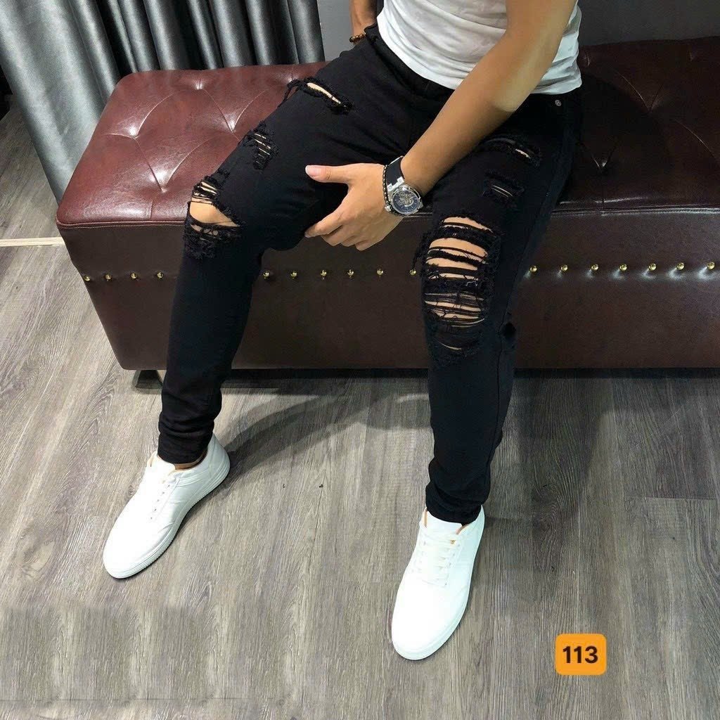 Quần Jean Nam Chất Bò Màu đen Rách Gối DR113RT Ống Côn Cá Tính Trẻ Trung DRMT