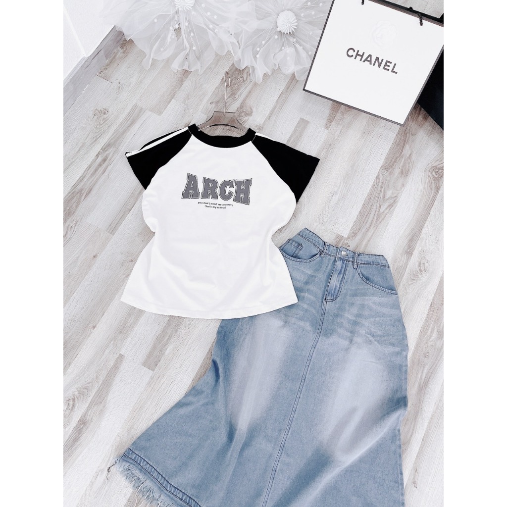 SET ÁO RAPLAN VIỀN VAI + CHÂN VÁY JEAN MIDI SUÔNG TƯA LAI