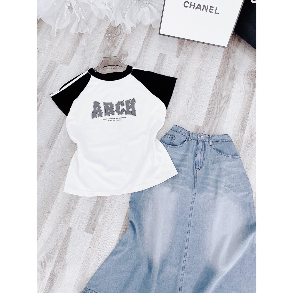 SET ÁO RAPLAN VIỀN VAI + CHÂN VÁY JEAN MIDI SUÔNG TƯA LAI