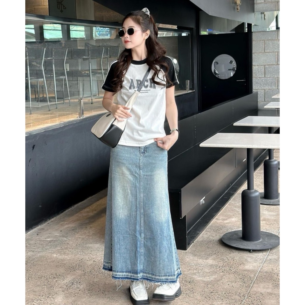 SET ÁO RAPLAN VIỀN VAI + CHÂN VÁY JEAN MIDI SUÔNG TƯA LAI