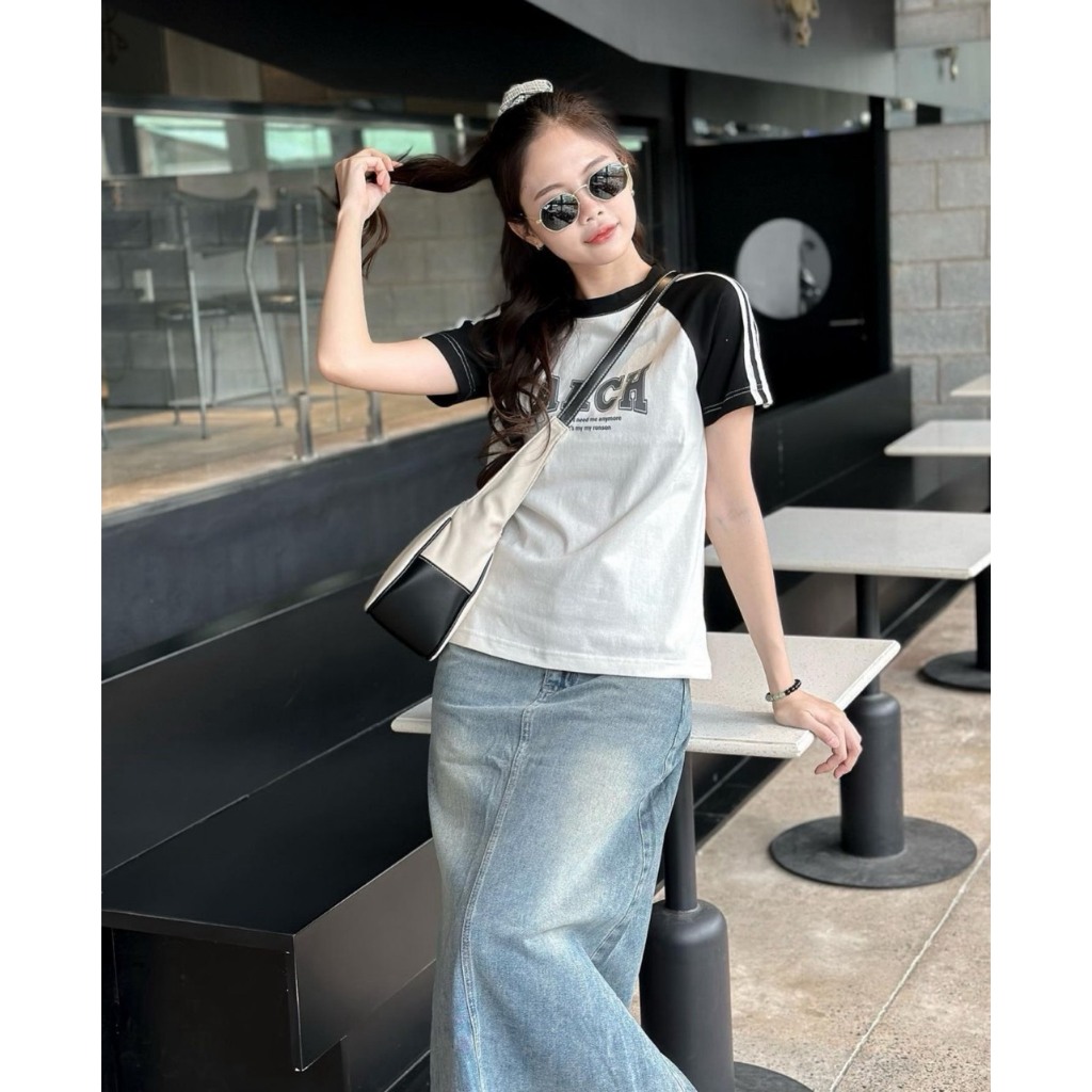 SET ÁO RAPLAN VIỀN VAI + CHÂN VÁY JEAN MIDI SUÔNG TƯA LAI