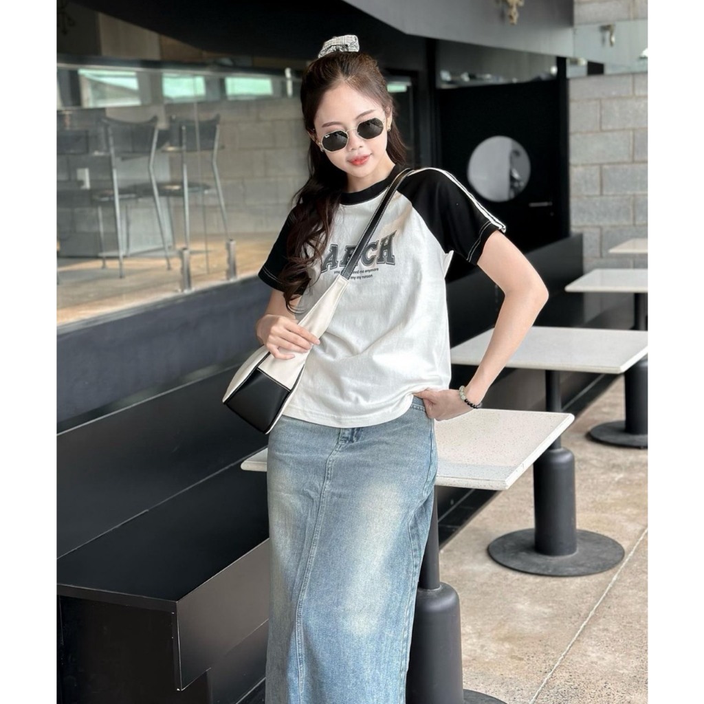 SET ÁO RAPLAN VIỀN VAI + CHÂN VÁY JEAN MIDI SUÔNG TƯA LAI