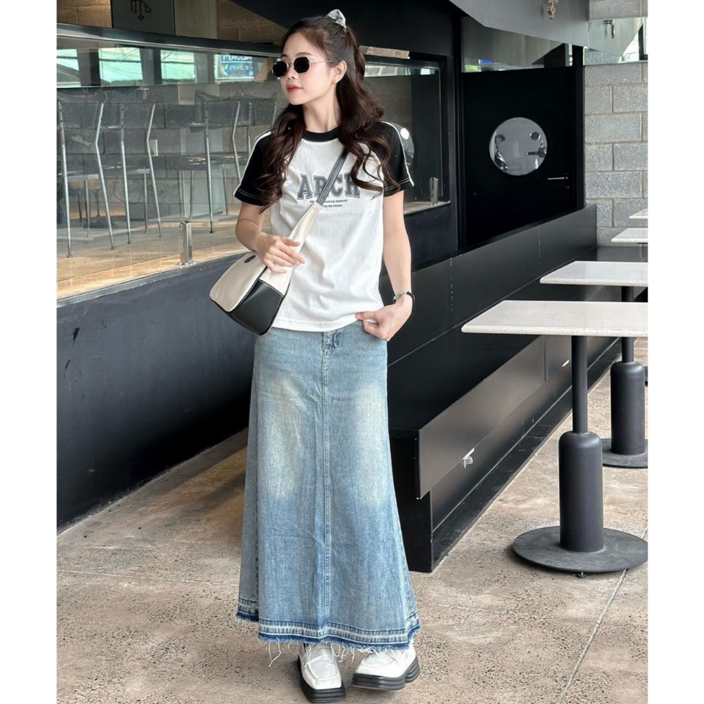 SET ÁO RAPLAN VIỀN VAI + CHÂN VÁY JEAN MIDI SUÔNG TƯA LAI