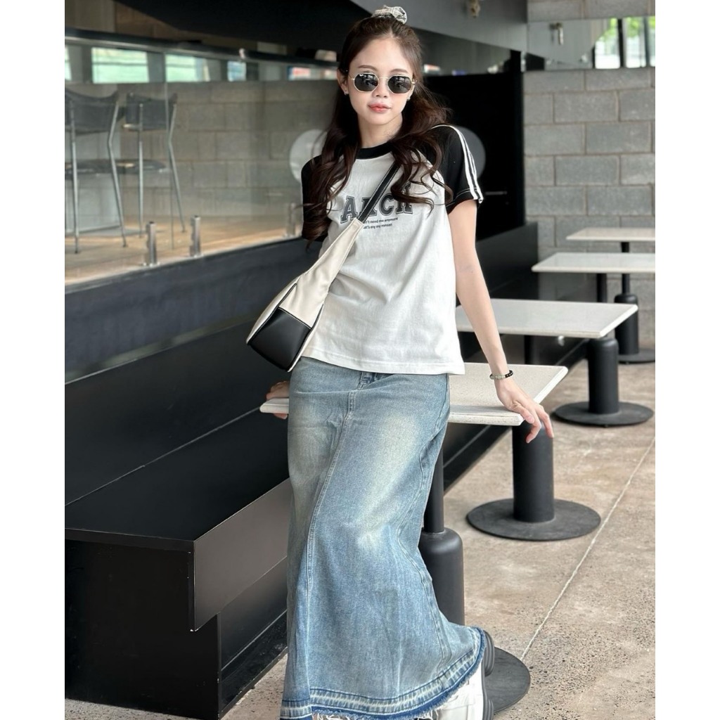 SET ÁO RAPLAN VIỀN VAI + CHÂN VÁY JEAN MIDI SUÔNG TƯA LAI