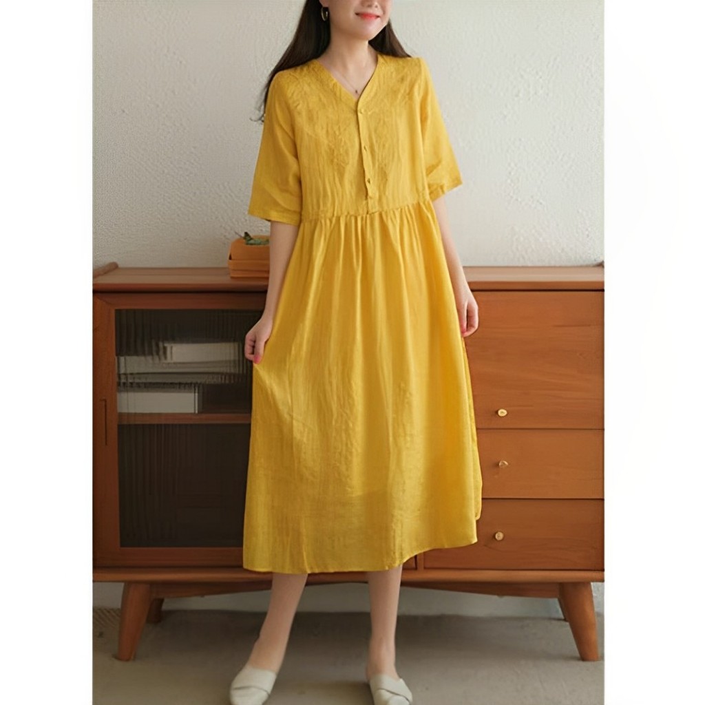 Váy linen dáng suong dài, Váy linen thêu hoa nữ phong cách vintage Đũi Việt