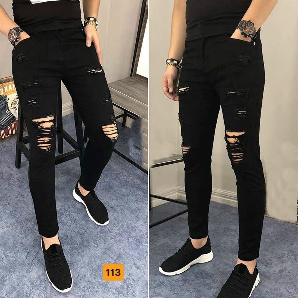 Quần Jean Nam Chất Bò Màu đen Rách Gối DR113RT Ống Côn Cá Tính Trẻ Trung DRMT
