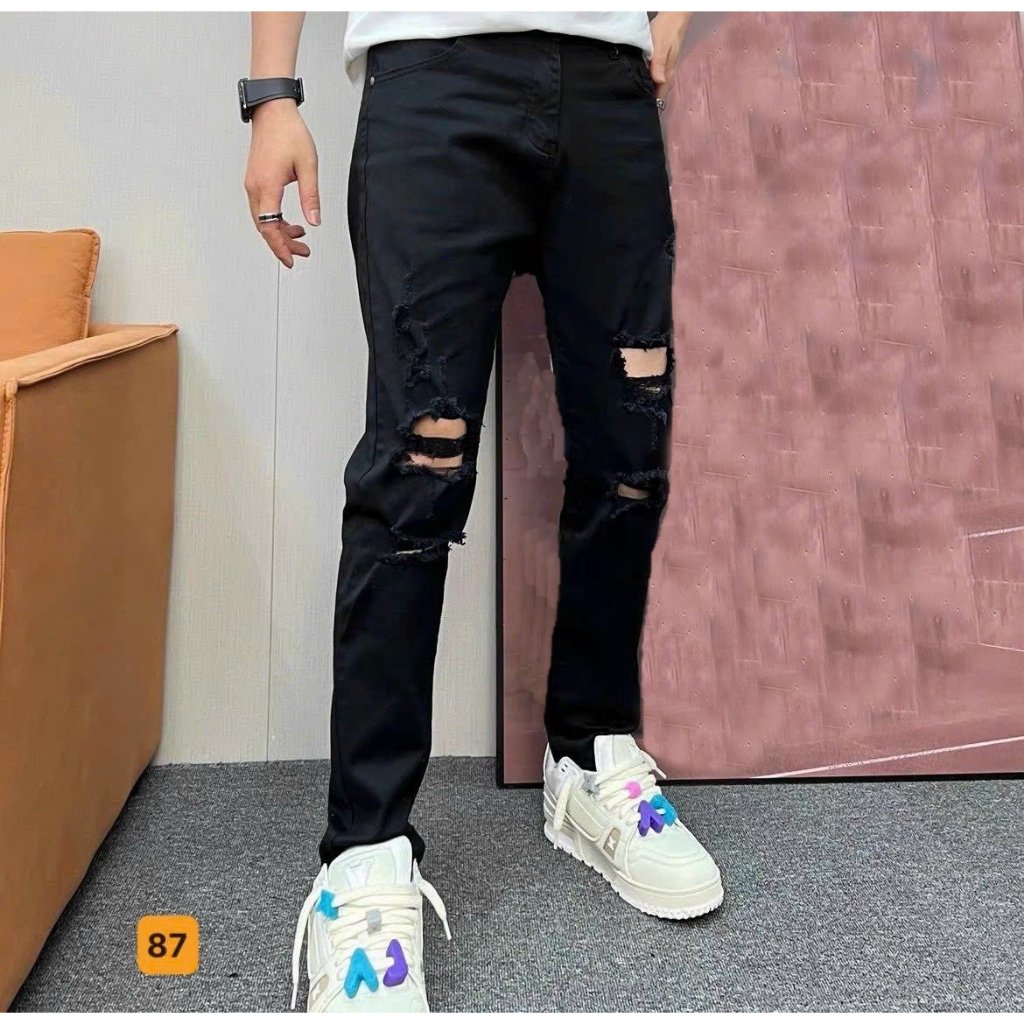 Quần Jean Nam Đen rách Gối JK87HM Ống Skinny Chất jean siêu Co giản