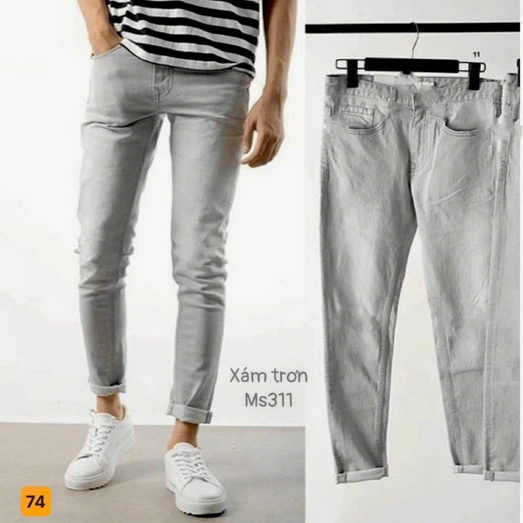Quần jean nam Màu Xám trơn Không rách ống ôm Chất Jean Co Giản Mạnh
