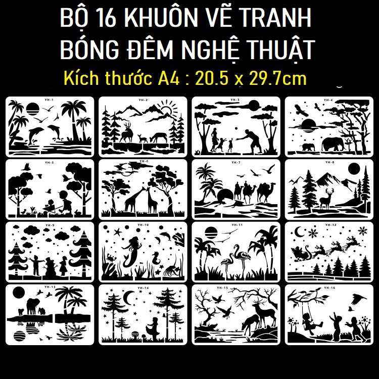 Bộ 16 khuôn vẽ cỡ A4 tô màu bóng đêm nghệ thuật, set khuôn vẽ tranh tô bóng
