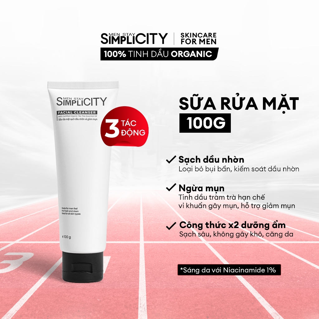 Sữa rửa mặt cho nam sạch dầu nhờn & ngừa mụn Men Stay Simplicity Facial Cleanser 100g với tinh dầu tràm trà organic