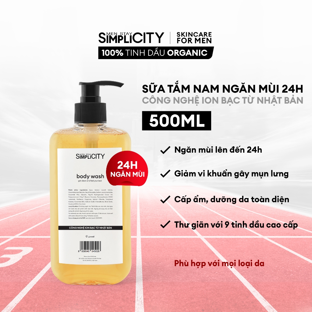 Sữa tắm nam ngăn mùi 24h Ion bạc, tinh dầu cao cấp Men Stay Simplicity body wash 500ml