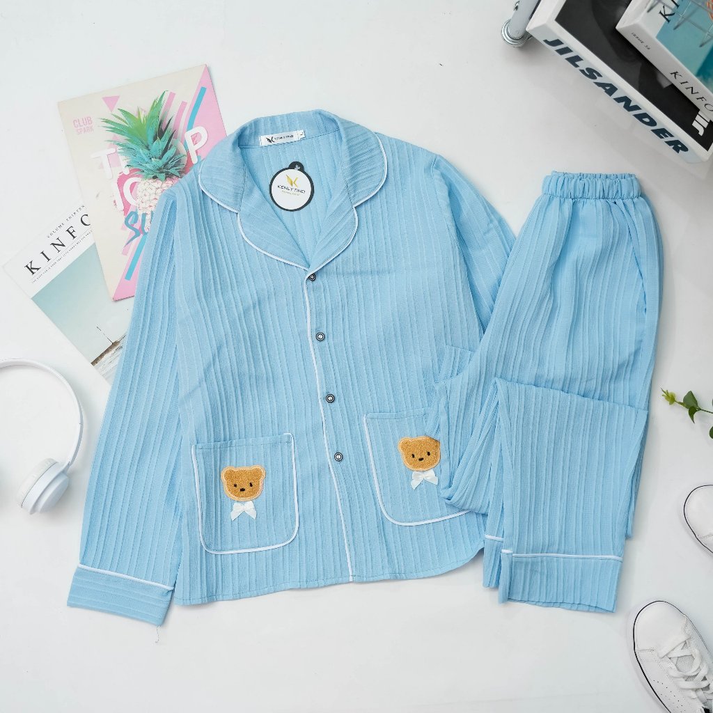 Đồ Ngủ Bộ Pyjama Nữ Tay Dài Túi Gấu Chất Vải Đũi Gân Mềm Nhẹ