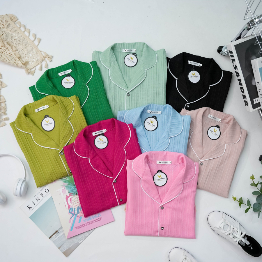 Đồ Ngủ Bộ Pyjama Nữ Tay Dài Túi Gấu Chất Vải Đũi Gân Mềm Nhẹ