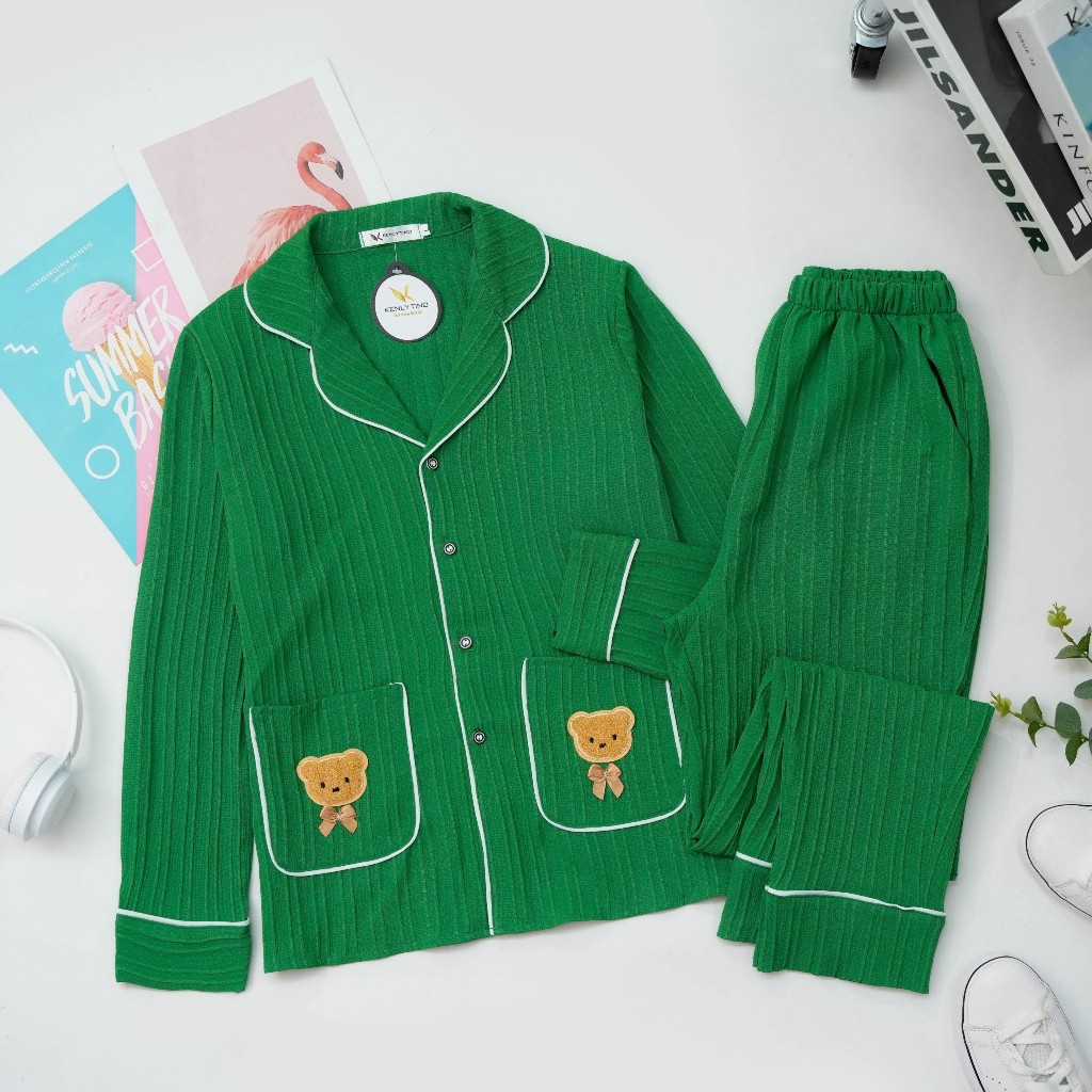 Đồ Ngủ Bộ Pyjama Nữ Tay Dài Túi Gấu Chất Vải Đũi Gân Mềm Nhẹ