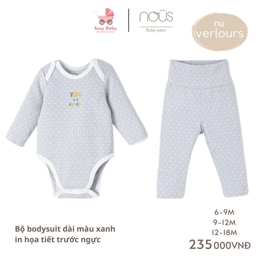 Bộ bodysuit dài màu xanh/ màu vàng in họa tiết trước ngực NOUS