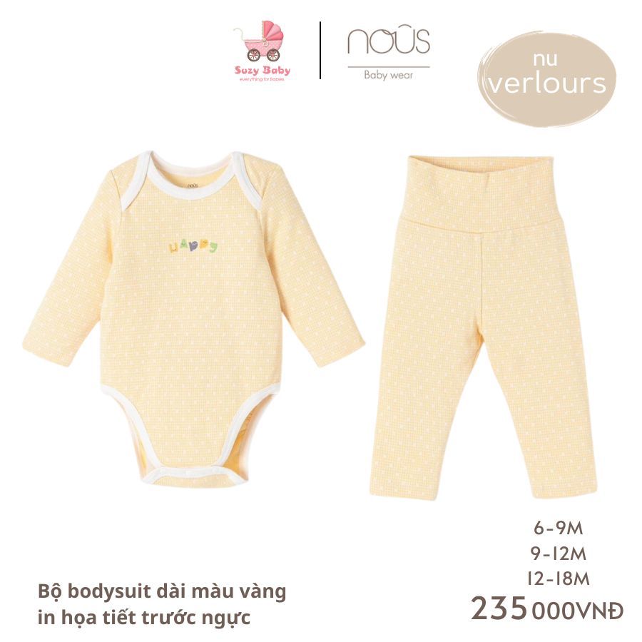 Bộ bodysuit dài màu xanh/ màu vàng in họa tiết trước ngực NOUS