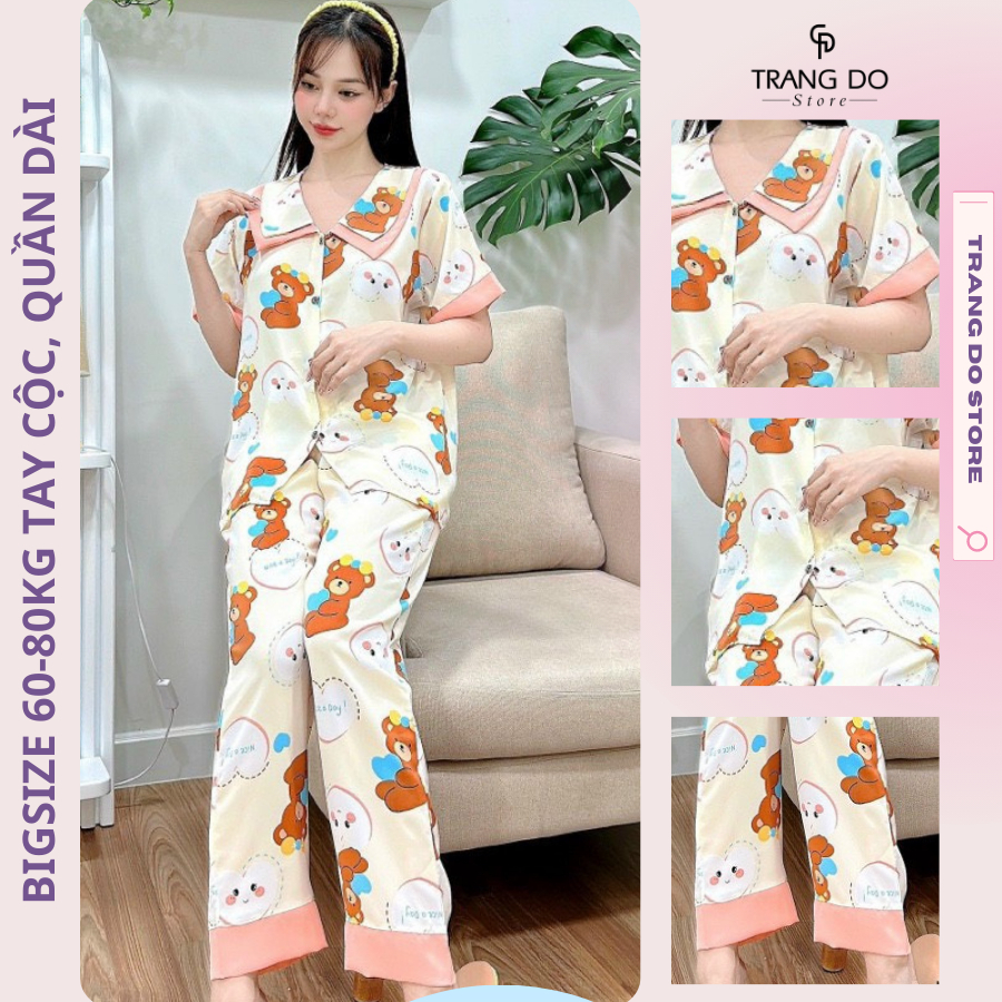 Đồ Bộ Nữ Pijama Lụa Mango Cao Cấp Ngủ, Mặc Nhà Big Size 60-80kg Tay Cộc Quần Dài Dễ Thương - Trang Đỗ