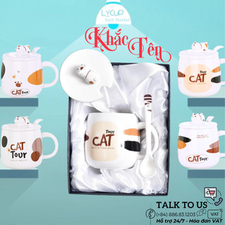 Ly sứ CAT TOUR - KHẮC TÊN THEO YÊU CẦU, cốc uống nước CÓ NẮP giữ nhiệt và THÌA, 400ml, HÔP QUÀ TẶNG in logo, in hình
