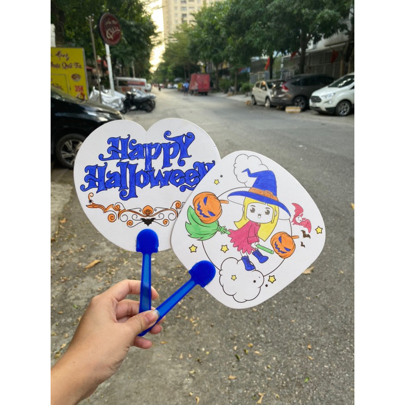 Combo 20 hashtag cầm tay tô màu, quạt tô màu HALLOWEEN, quà tặng halloween