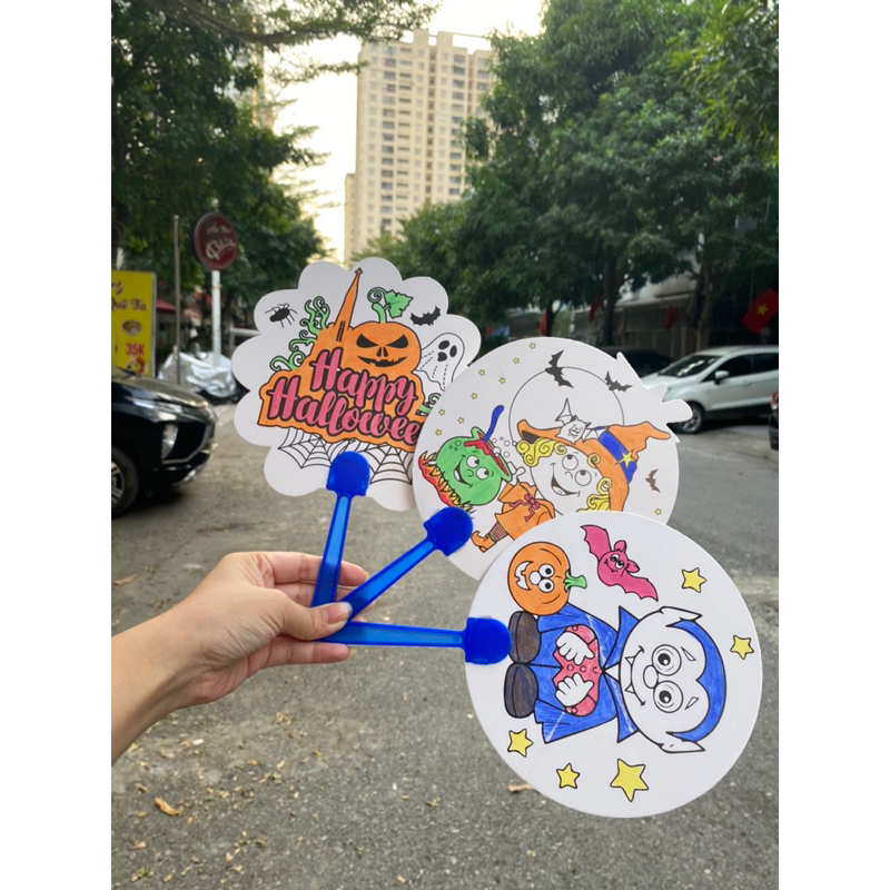 Combo 20 hashtag cầm tay tô màu, quạt tô màu HALLOWEEN, quà tặng halloween
