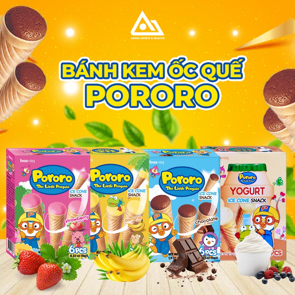 Bánh kem ốc quế Pororo cho bé từ 12m+ Hộp 6 cái 54g