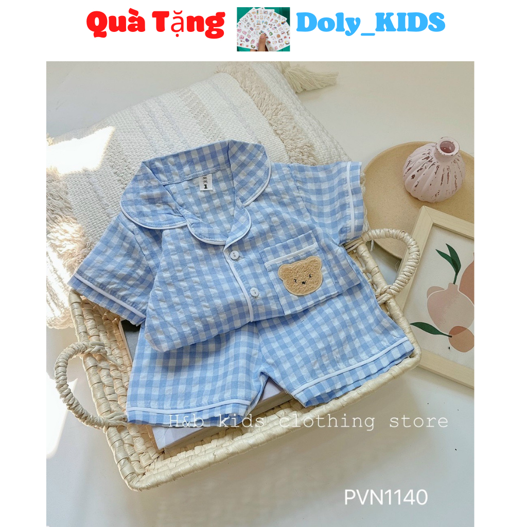 Pijama cho bé, bộ pijama cho bé trai, bé gái cộc tay kẻ caro túi hình gấu chất thô đũi - DOLY KIDS 7-28kg