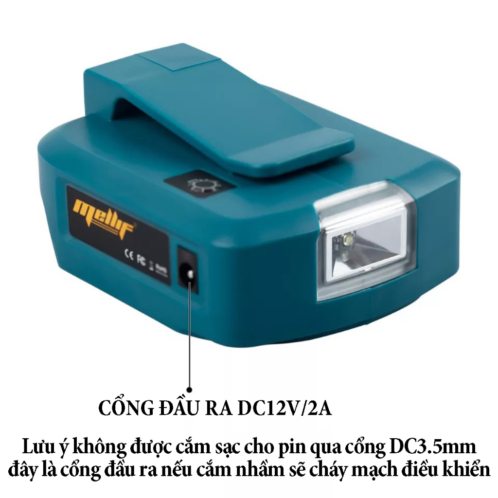 Đế chuyển pin máy công cụ kiểu makita thành sạc dự phòng, cổng type C hỗ trợ sạc nhanh 18W, cổng DC12V đèn led 3 cấp độ