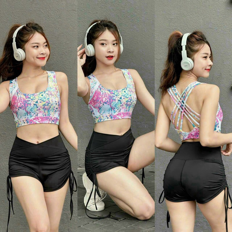 Áo bra loang đan dây tập gym yoga aerobic sẵn mút