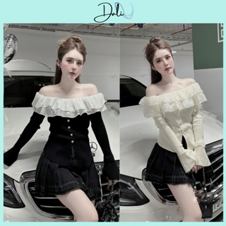  Áo Thun Gân Trễ Vai Phối Bèo Tơ Đính Cúc Áo Kiểu Dài Tay Sang Chảnh 