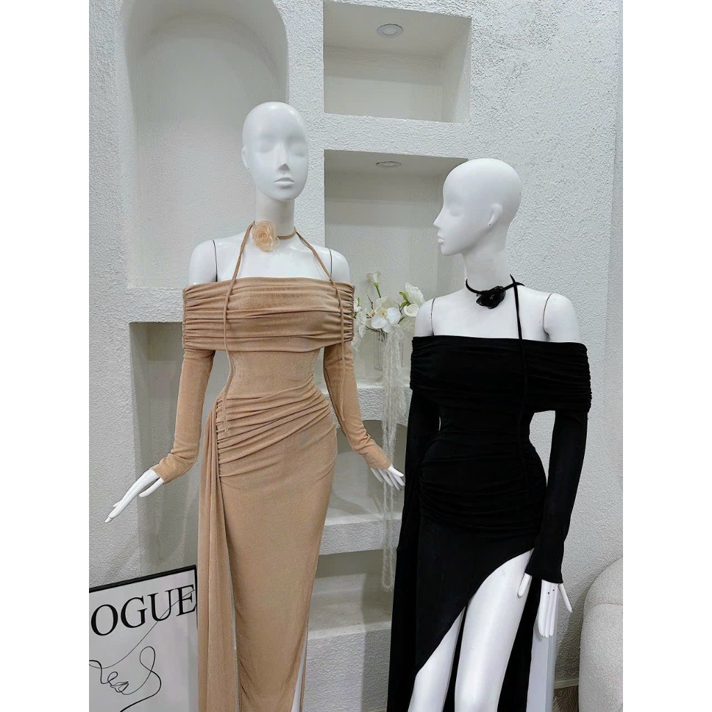 Đầm Nhún Lưới Xẻ Cao Sang Trọng Quyết Rũ Bùi Đượm Concept, Váy Body Trễ Vai Dài Tay Sang Chảnh