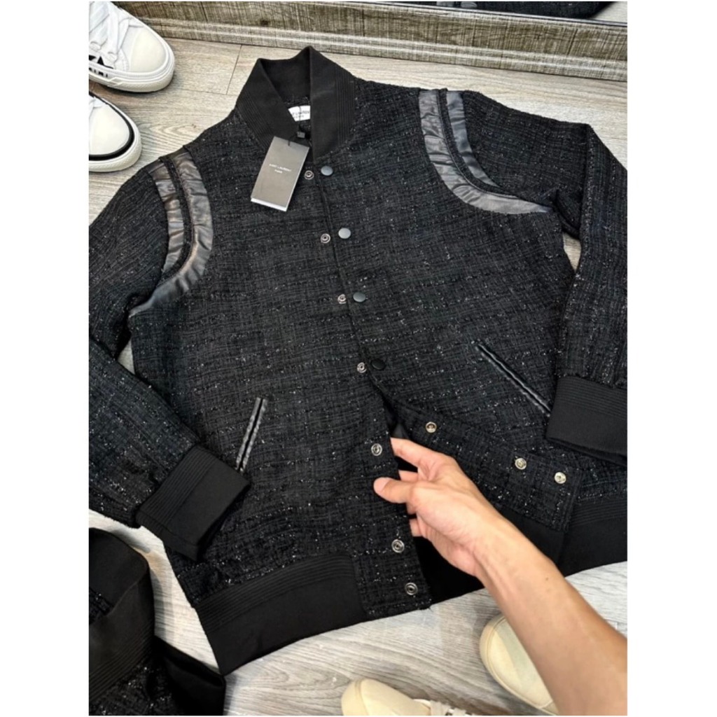 Áo khoác nam boy phố, áo Bomber phối Vai Da chất dạ Kim sa lấp lánh