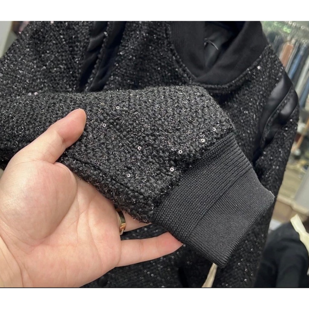 Áo khoác nam boy phố, áo Bomber phối Vai Da chất dạ Kim sa lấp lánh