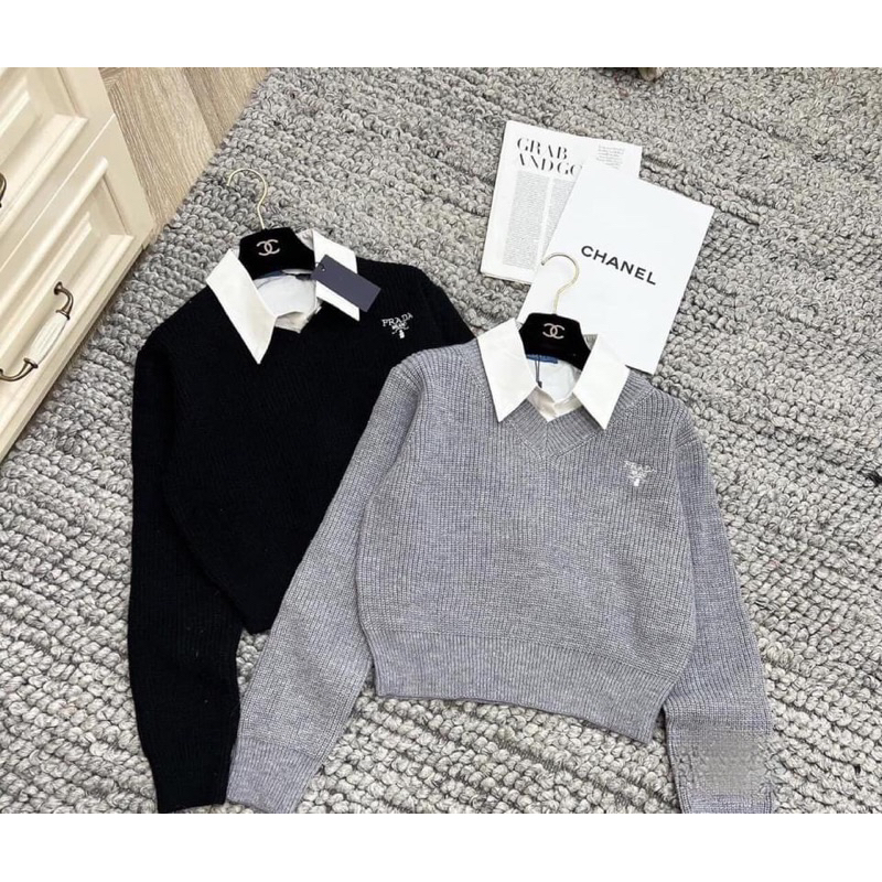 Áo len cổ sơ mi pra.da QCCC