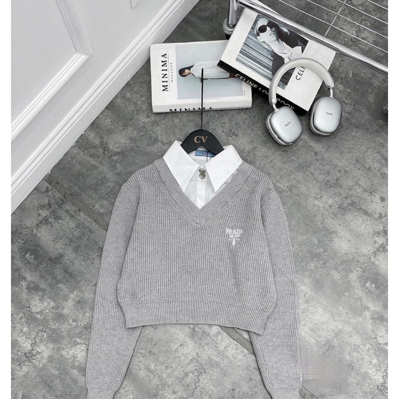 Áo len cổ sơ mi pra.da QCCC