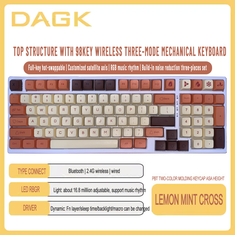 Bàn phím cơ DAGK 6098 3 mode 2.4G Bluetooth wired RGB hot-swap 5pin, có phần mềm custom