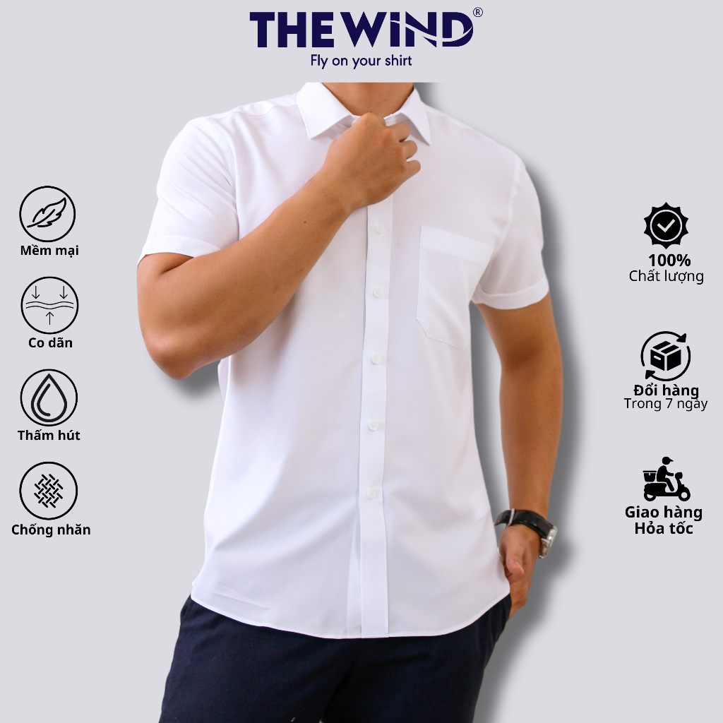 Áo sơ mi nam trắng tay ngắn có túi chống nhăn THE WIND vải nano somi công sở thấm hút mềm min AR23149NT