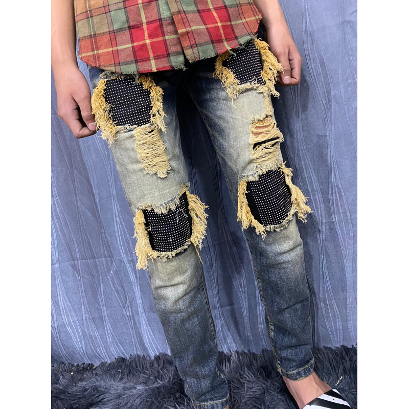 Quần đính đá bạc Quần jean bò nam Amiri slimfit xanh bụi rách xù to đùi gối vá vải đính đá bạc 4 cúc boy phố hot trend