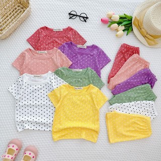 Bộ ngắn tay thun gân tăm lụa chấm bi cổ vuông siêu xinh cho bé gái từ 7-19kg